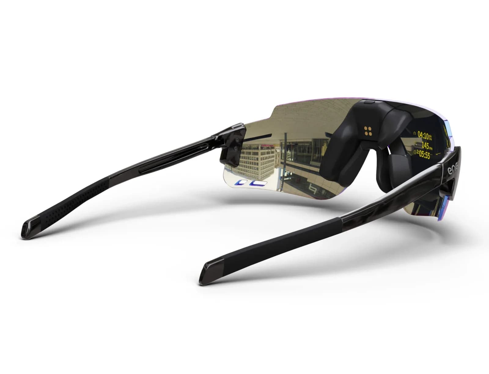Engo 2 sunglasses viewed from behind, showing the ActiveLook display module in the lens corner with pace, heart rate and time readouts.
