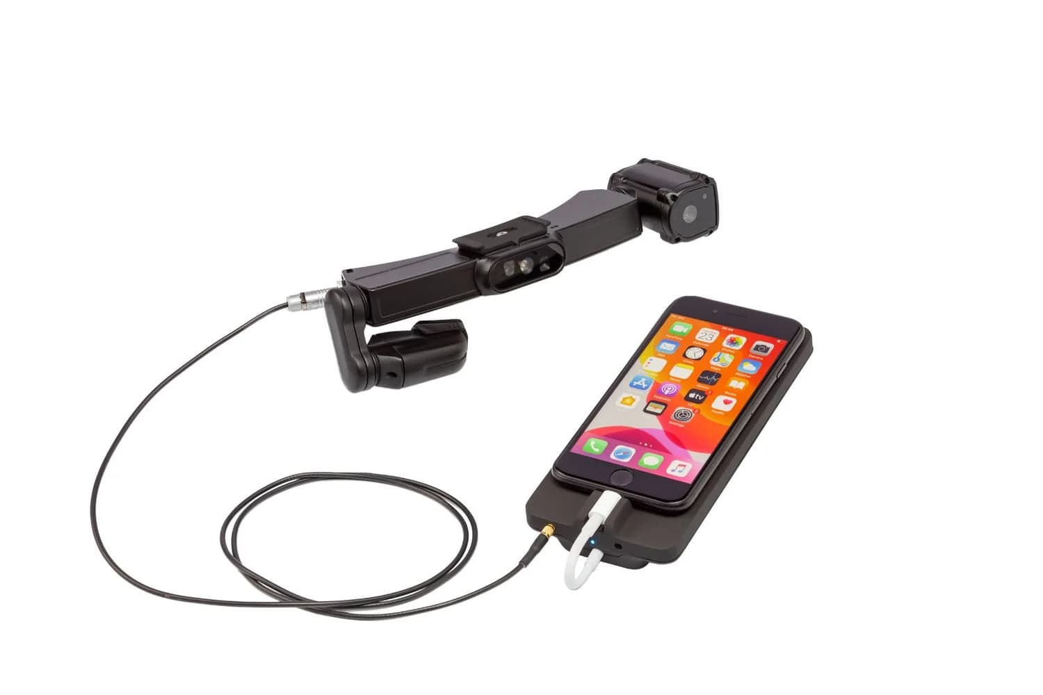 Iristick H1 kit, the black head module connected by a coiled cable to a rectangular Pocket Unit with a smartphone attached.