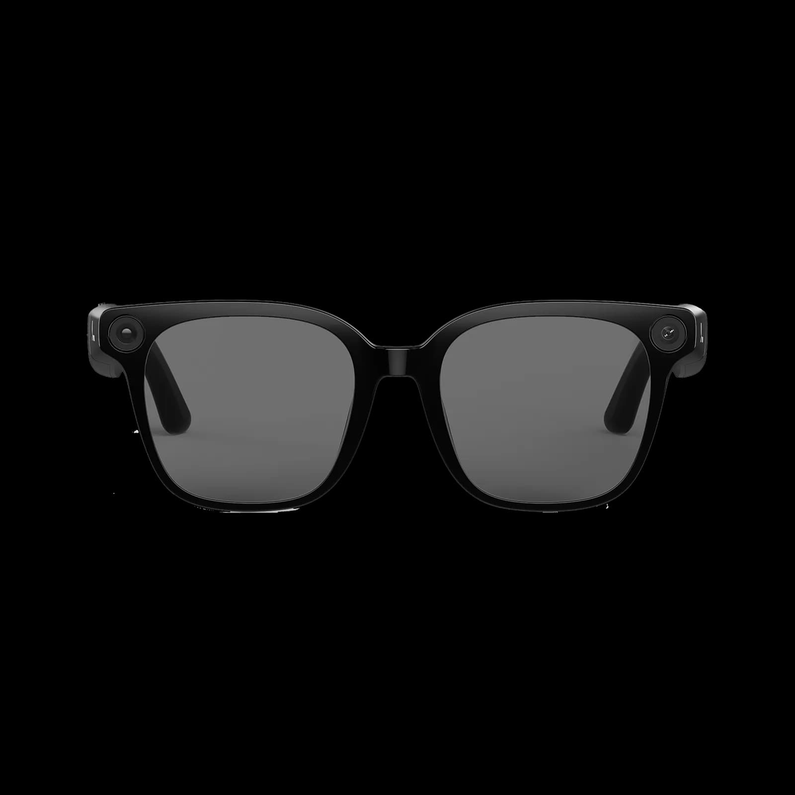 LAWK View smart glasses in black, seen from the front, with a round camera lens set into each top corner of the frame.