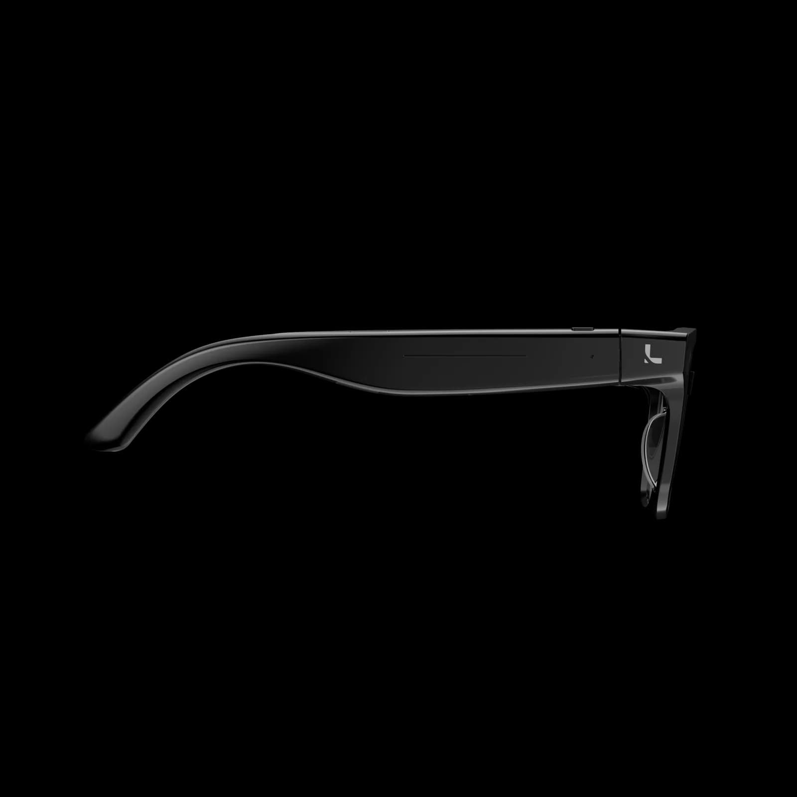 LAWK View smart glasses in black, shown in side profile, with the letter L printed on the temple near the hinge.