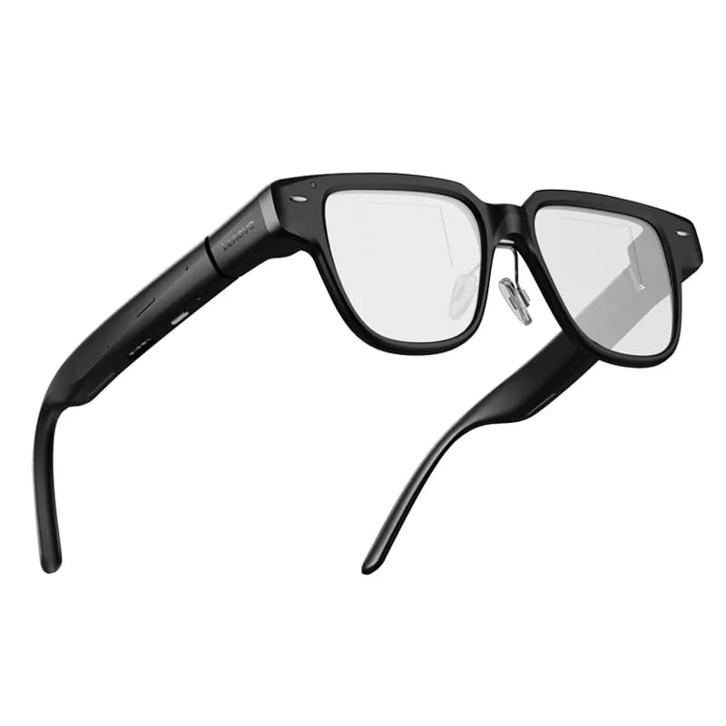 Gafas Lenovo AI Glasses V1, en negro, vistas desde atrás en ángulo, con el nombre Lenovo impreso en la patilla y lentes transparentes.