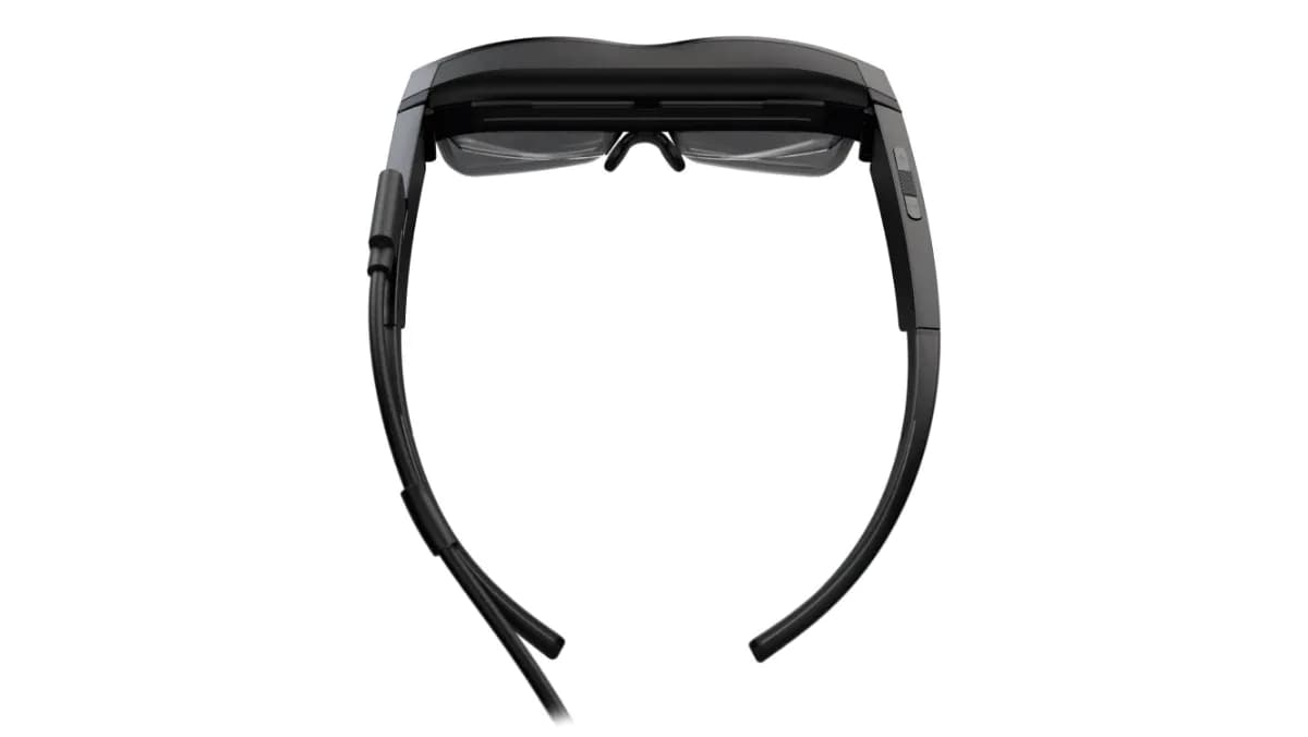 Lenovo ThinkReality A3 headset in black, seen from the front, with a thick brow bar and two thin cables hanging from the temples.