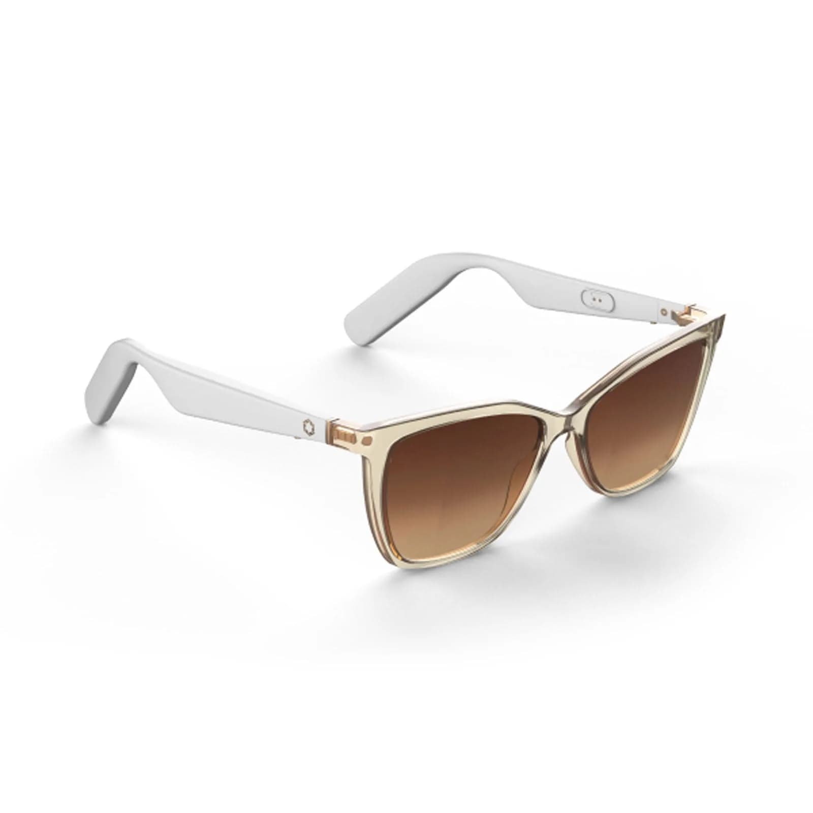 Lucyd Lyte (2025) in champagne, three-quarter view of a cat-eye frame with white temples and brown gradient lenses.