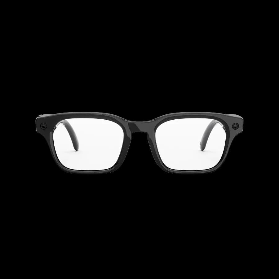Meta Glasses smart glasses in black, square frame with clear lenses and a small camera lens on each hinge, on white.
