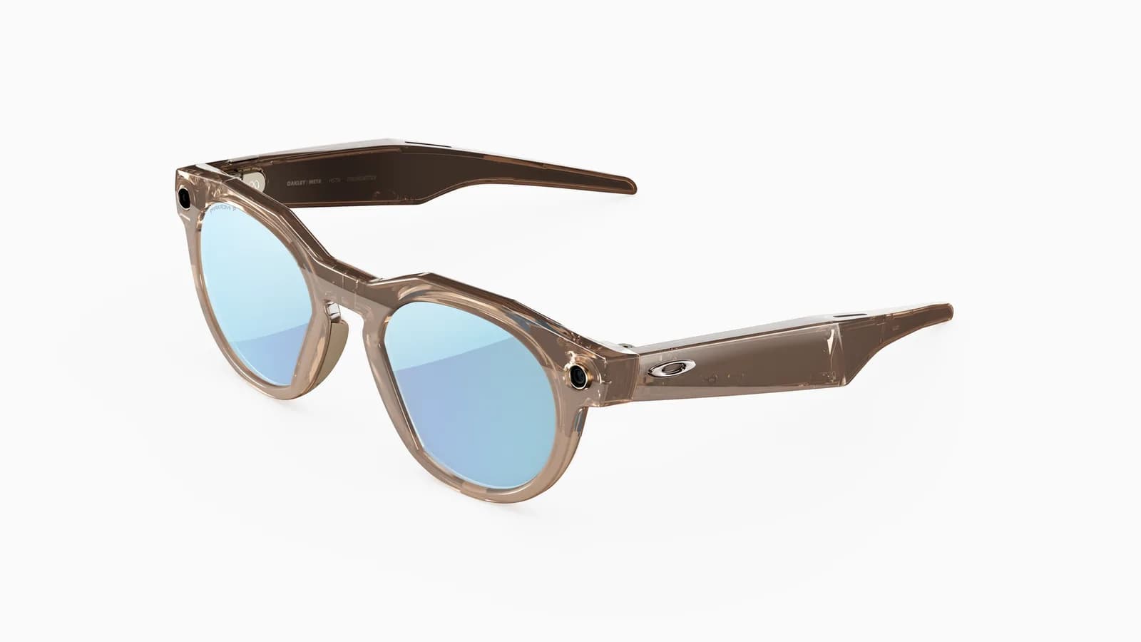 Oakley Meta HSTN glasses in translucent brown, round frame with blue mirrored lenses and a small camera near the hinge, on a white background.
