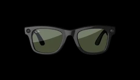Ray-Ban Meta (Gen 2) glasses in black, square Wayfarer frame with dark green lenses and a small camera on each temple corner, on white.