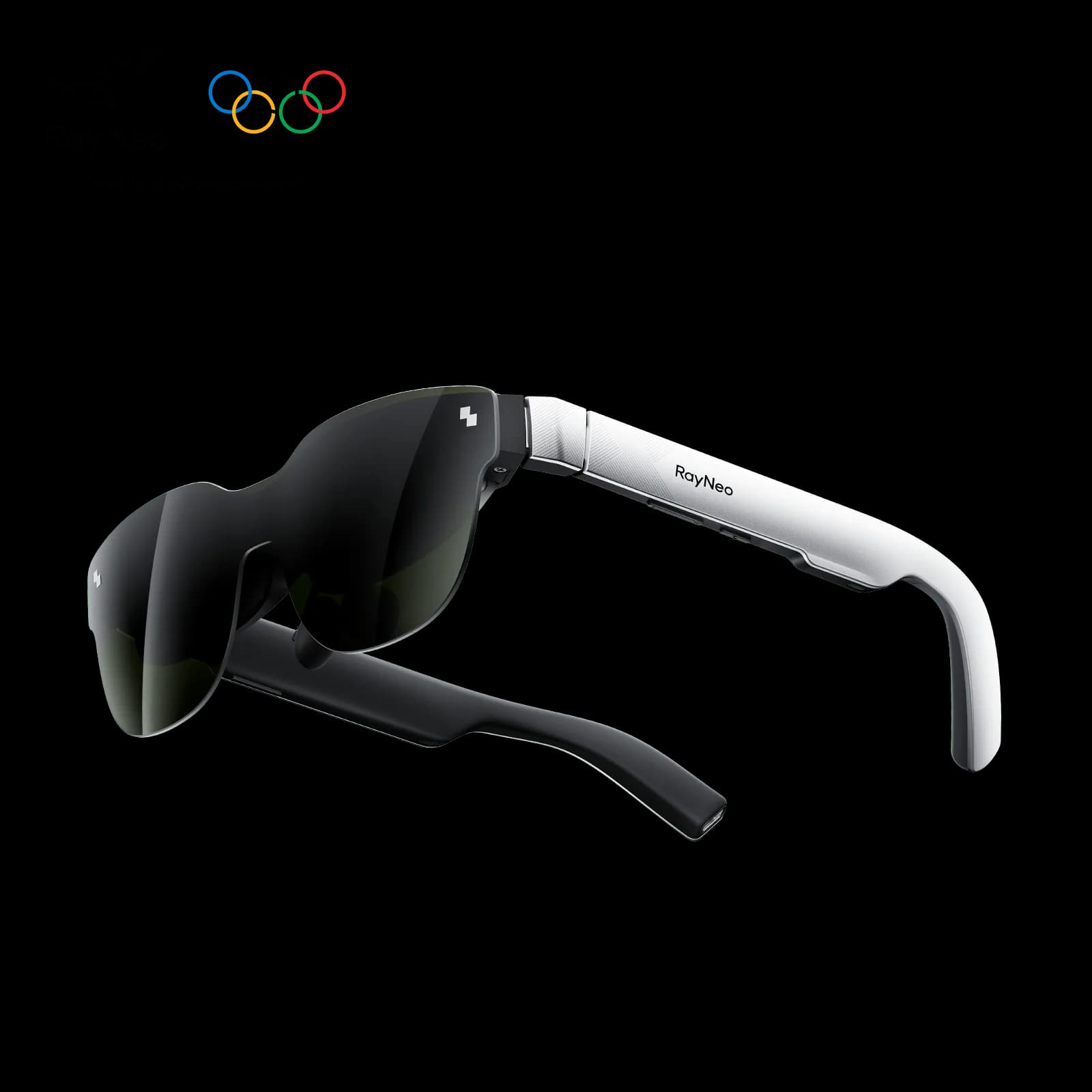 RayNeo Air 3s smart glasses in white, wraparound dark shield lens with a silver-white temple, seen from a three-quarter angle.