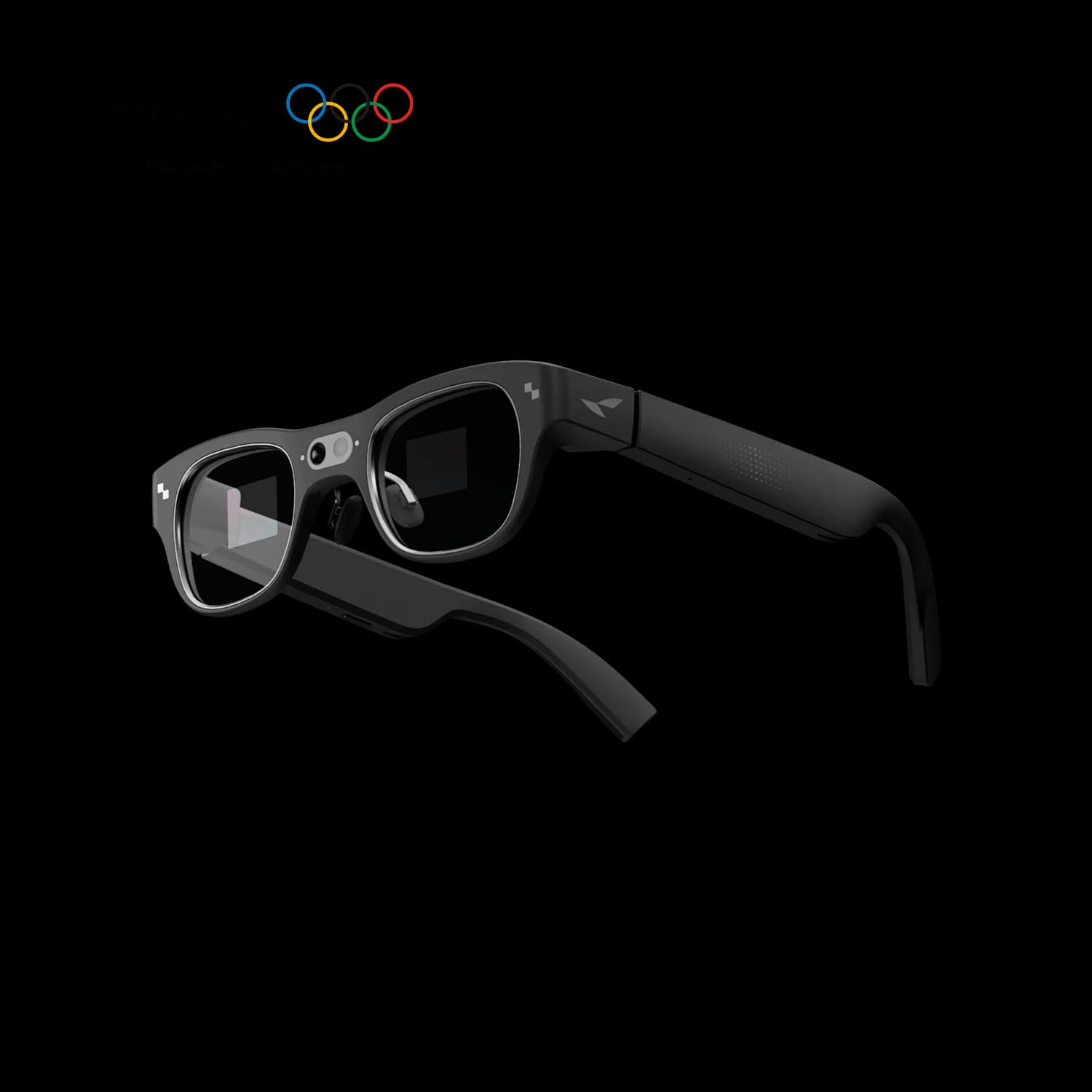 RayNeo X3 Pro AR glasses in black on a white background, shown at an angle with a camera lens on the left rim and clear lenses.