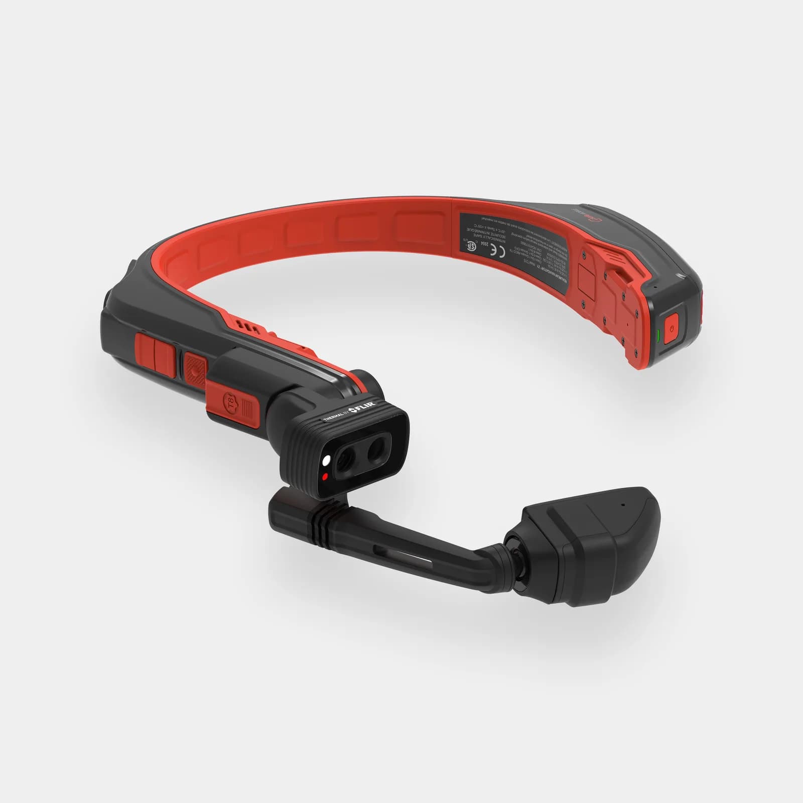 RealWear Navigator Z1 headset in red and black on a white background, with a dual lens thermal camera module and the boom arm.