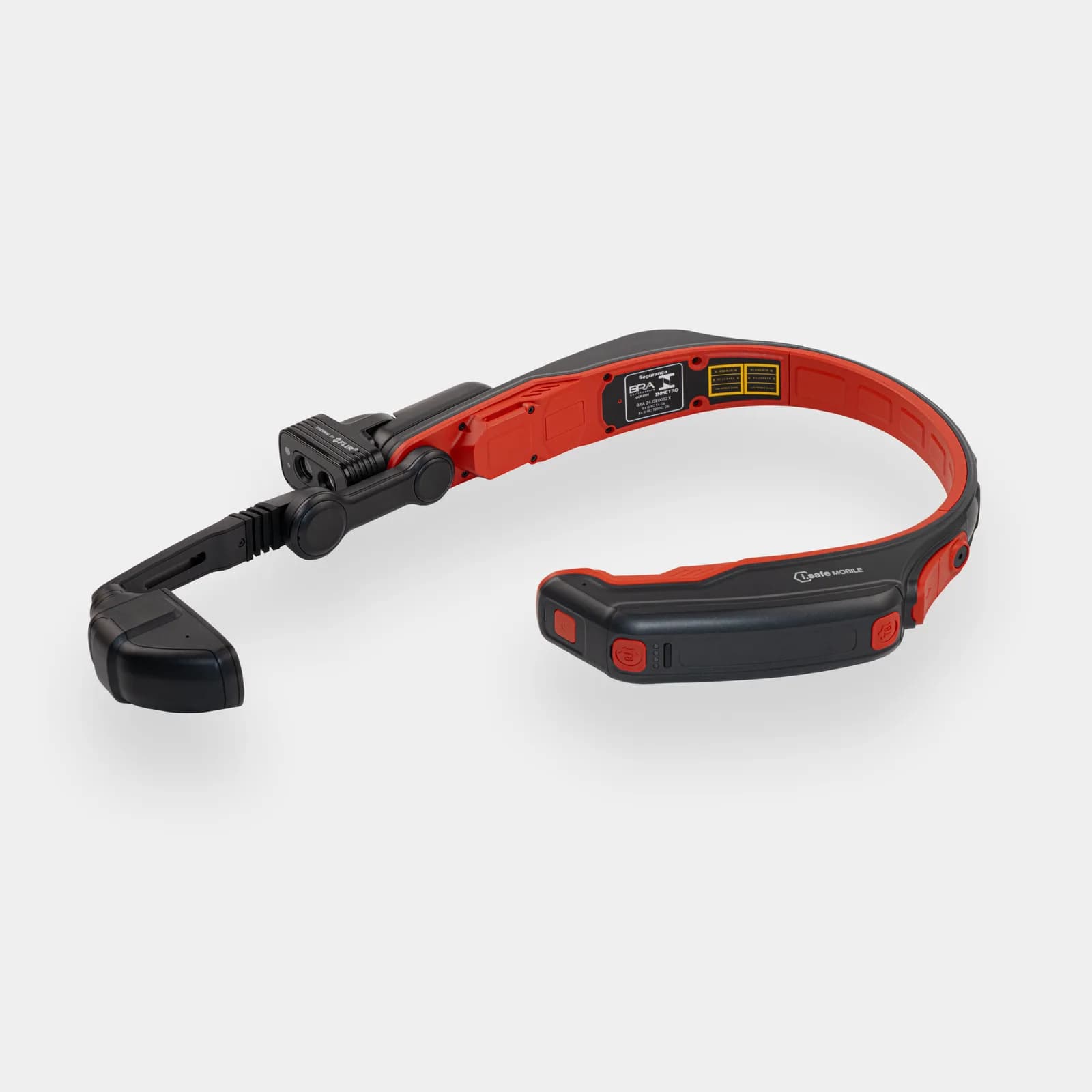 RealWear Navigator Z1 headset in red and black, opposite side view showing the battery module with certification labels.