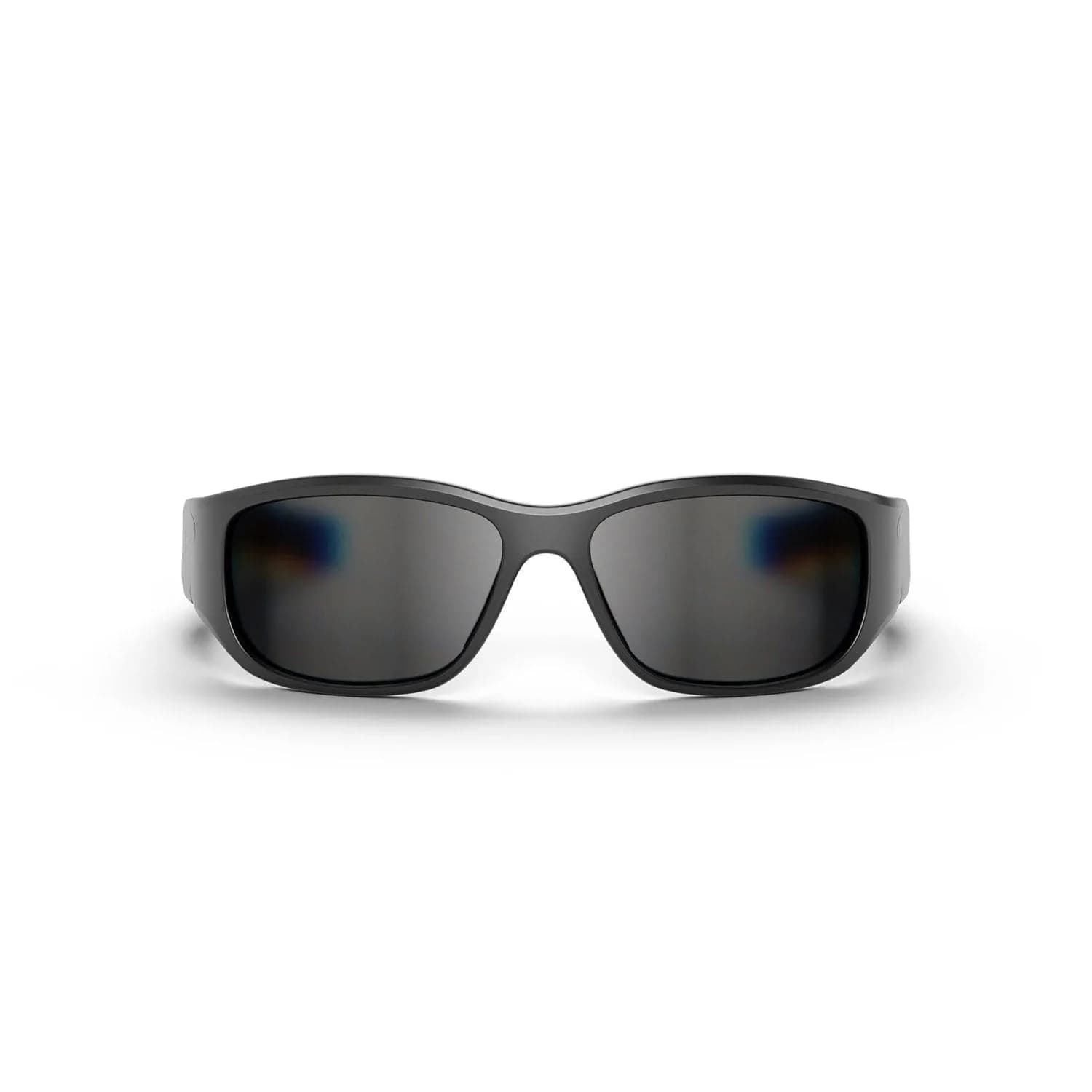 Reebok Smart Eyewear sunglasses in black, front view on a white background, with a wraparound frame and dark lenses.
