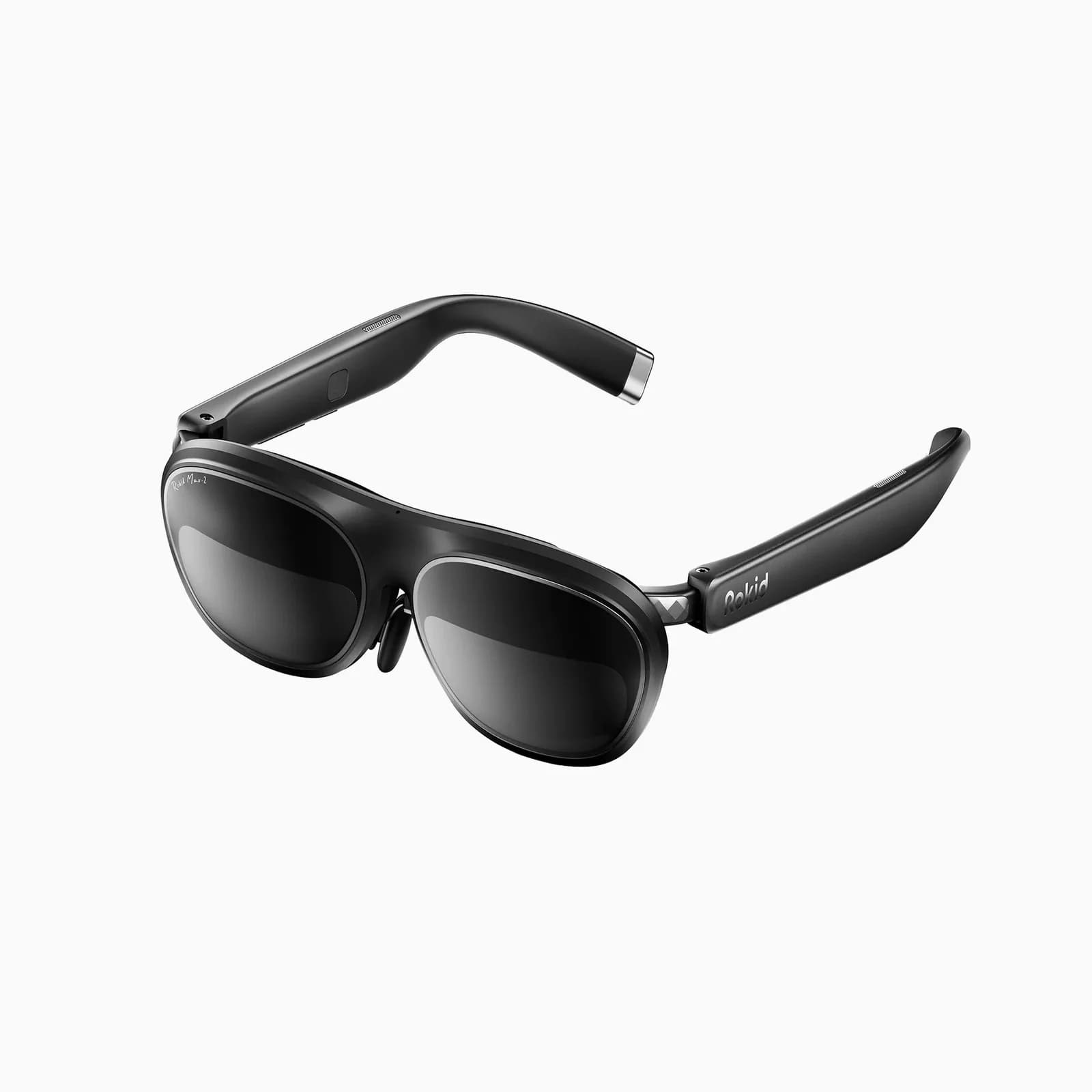 Rokid Max 2 in black, a wraparound visor shown at an angle, with the Rokid Max-2 signature on the lens and the Rokid name on the temple.