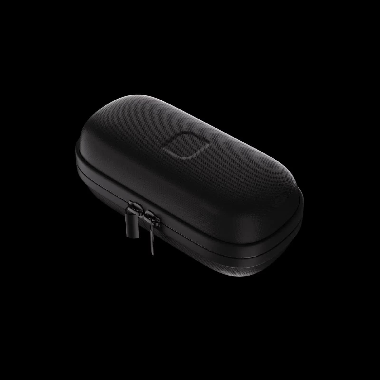 Black zippered carrying case for the Sol Reader glasses, oval shaped, shown closed against a black background.