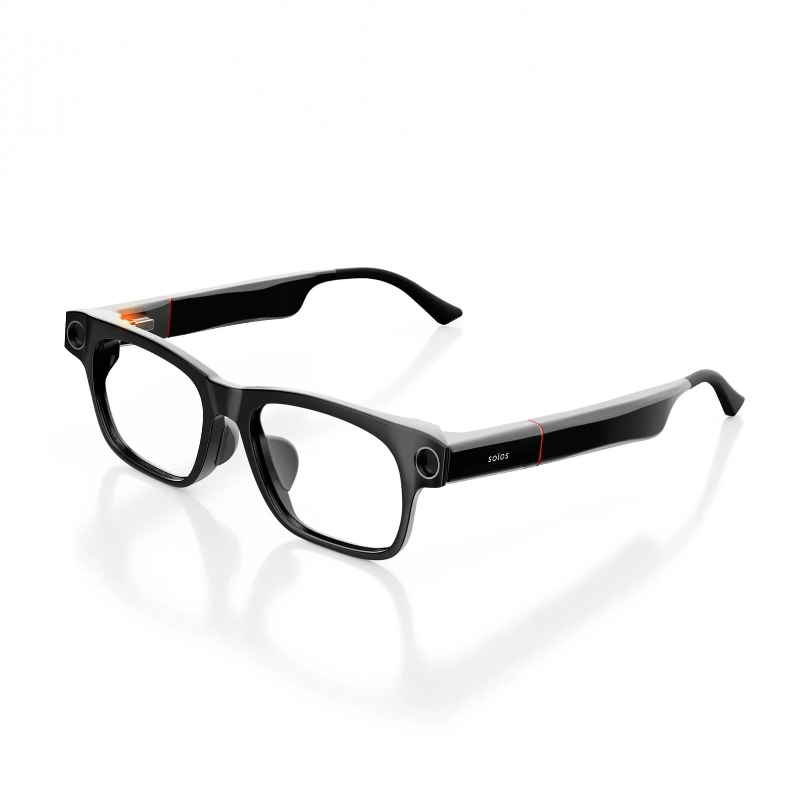 Solos AirGo Vision glasses in black with a rectangular frame, angled view showing round camera lenses on both top corners, on white.