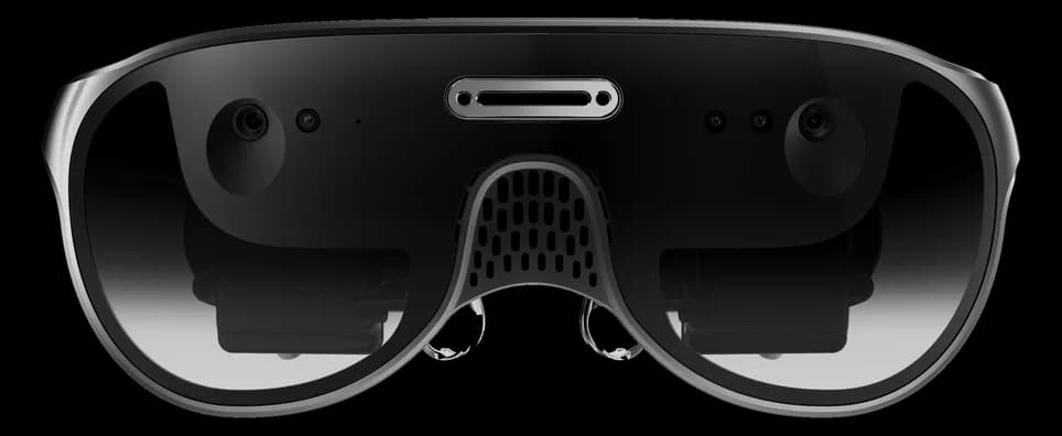 Front view of the Unseen Reality URXR One in black, with a camera on each side of the wraparound lens and a sensor bar at the bridge.