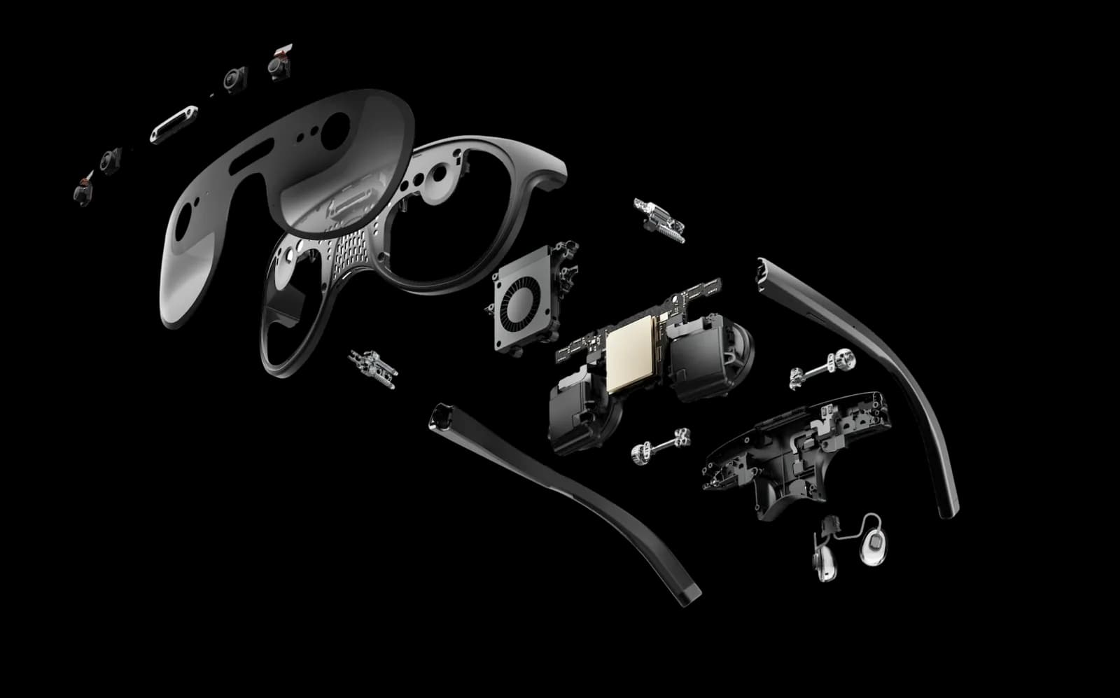 Exploded diagram of the Unseen Reality URXR One, showing its frame, lenses, front cameras, fan, and main board separated in mid-air.