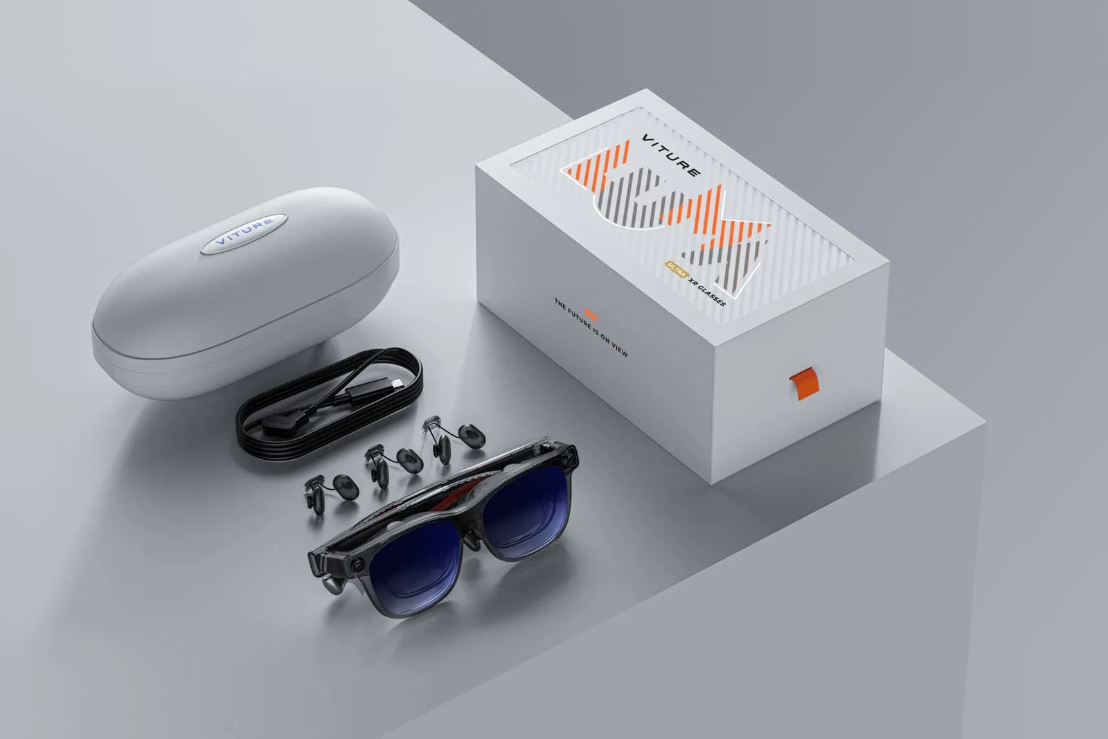 VITURE Luma Ultra retail kit: white box marked Ultra, white hard case, a charging cable, nose pad tips, and the black glasses.