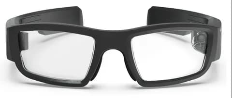 Vuzix Blade 2 smart glasses in black, front view, with a thick protective-style frame, clear lenses, and a small camera visible on the right hinge.