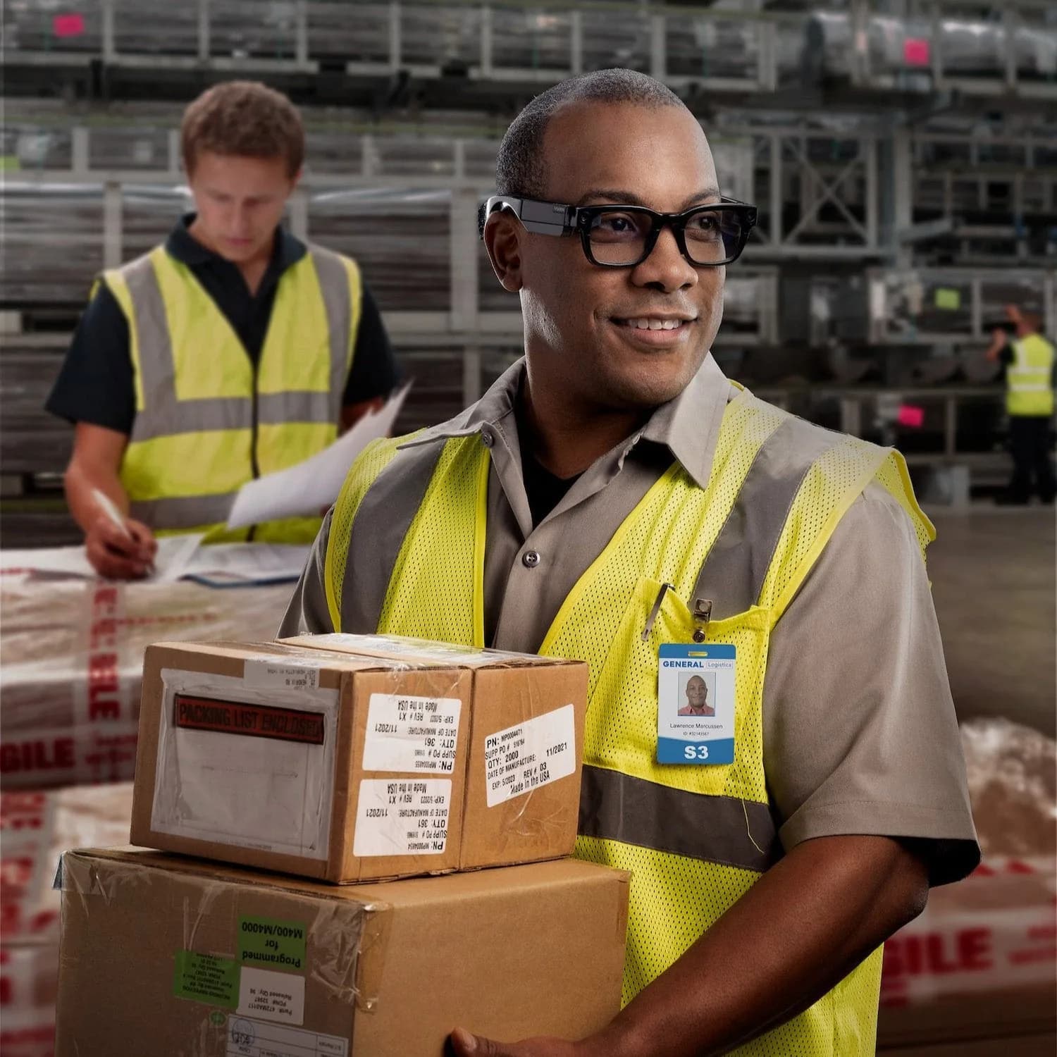Vuzix Shield worn by a warehouse worker in a safety vest, black frame with a camera module on the left temple.