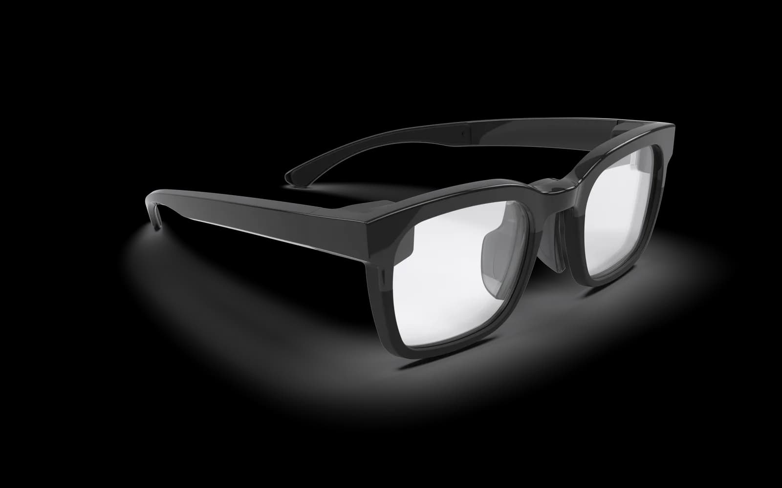 Vuzix Z100 smart glasses in black, square frame with clear lenses, shown at a three-quarter angle on white.