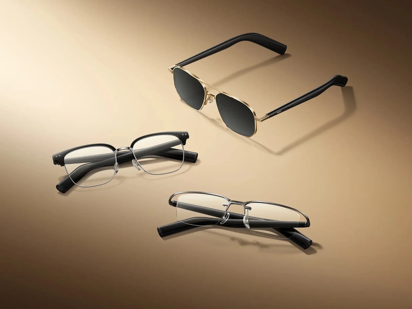 Xiaomi MIJIA Smart Audio Glasses shown in three styles, gold aviator, black browline, and thin rimless, on a brown background.